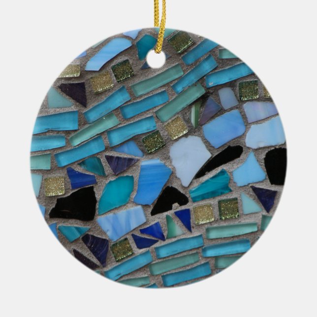Blue Sea Glass Mosaic Ceramic Ornament (Front)