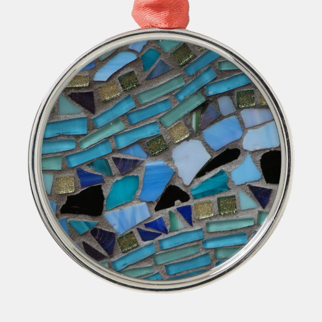 Blue Sea Glass Mosaic Metal Ornament (Front)