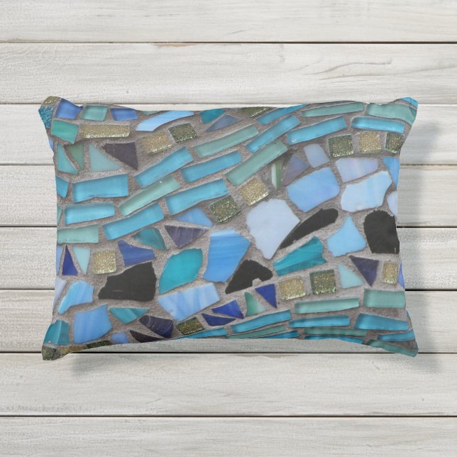 Blue Sea Glass Mosaic Outdoor Pillow (Front)