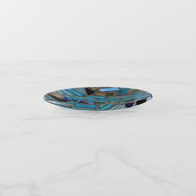 Blue Sea Glass Mosaic Round Trinket Tray (Angled)