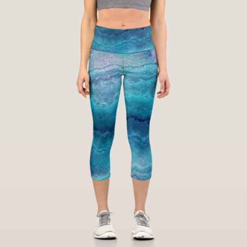 Blue Sea Green Agate Texture Capri Leggings