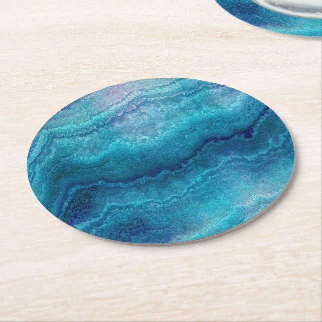 Blue Sea Green Agate Texture Round Paper Coaster (Angled)