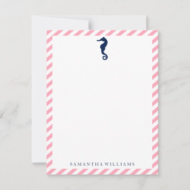 Blue Sea Horse on Pink Stripes Note Cards (Front)