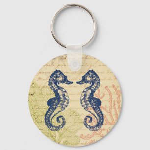 Blue Sea Horses Collage Keychain