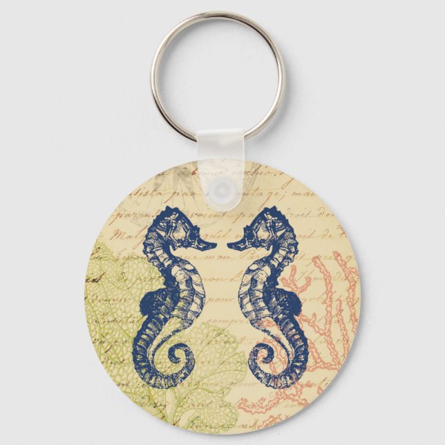 Blue Sea Horses Collage Keychain (Front)
