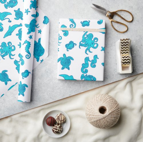 Blue Sea Life Pattern on White Wrapping Paper