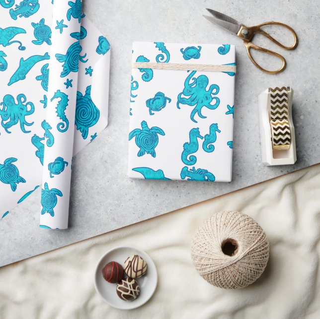 Blue Sea Life Pattern on White Wrapping Paper (Crafts)
