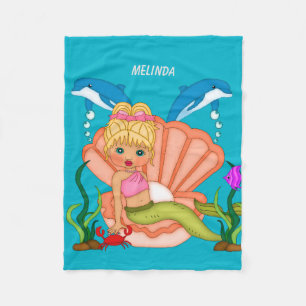 Blue Sea Mermaid and Dolphin Fleece Blanket