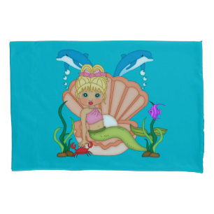 Blue Sea Mermaid and Dolphin Pillowcase