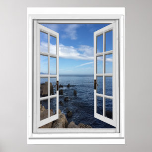 Blue Sea Ocean View Faux Window Poster