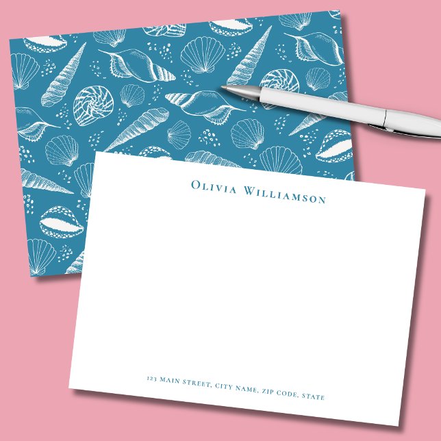 Blue Sea Shell Coastal Note Card (Teal Blue and white seashell personalized stationery note cards)