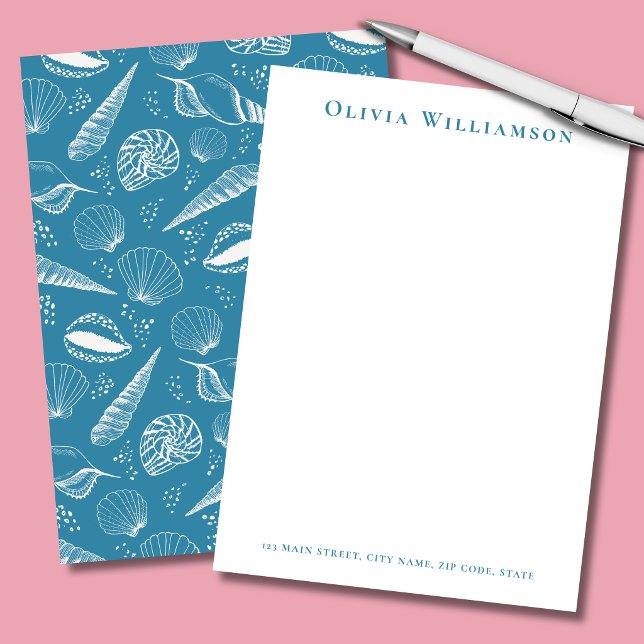 Blue Sea Shell Coastal Note Card (Teal blue and white seashell personalized stationery note cards in portrait format)