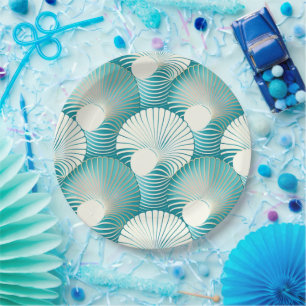 Blue sea shell pattern paper plates