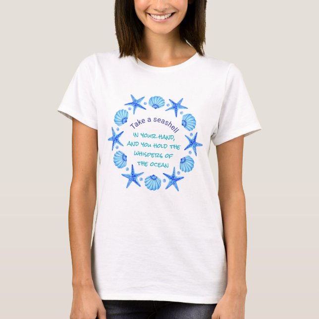 Blue Sea Shells and Starfish Beach themed T-Shirt (Front)