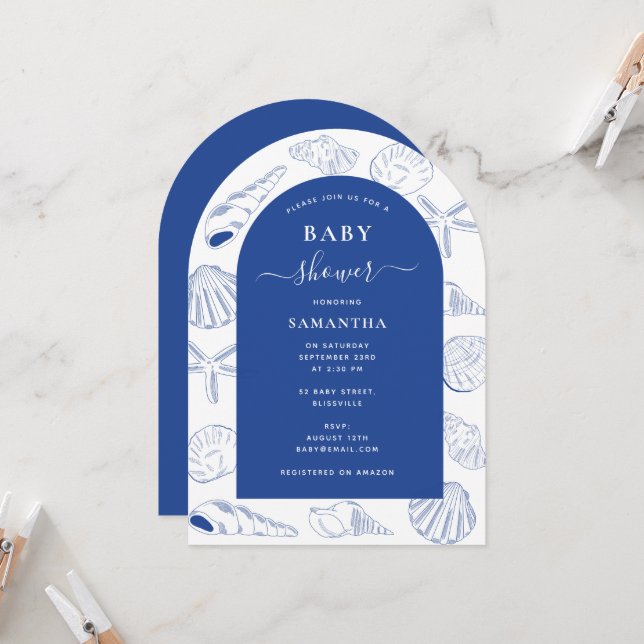 Blue Sea Shells Beach Summer Arch Baby Shower  Invitation (Front/Back In Situ)