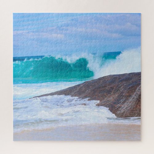 Blue Sea Sky Giant Waves Rocks Photo Square Jigsaw Puzzle