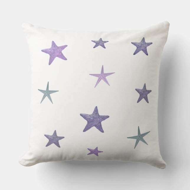 Blue sea stars on white throw pillow (Front)