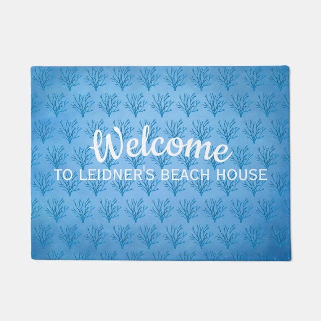Blue sea tree corals pattern on blue doormat (Front)