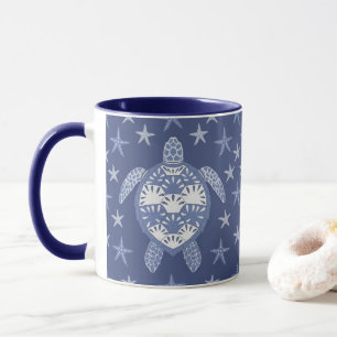 Blue Sea Turtle and Starfish Pattern Mug