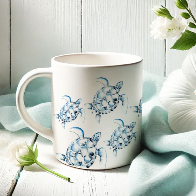 Blue Sea Turtle Beach Theme Coffee Mug (Sea turtle mugs blue watercolor art by Victoria Grigaliunas of Do Tell A Belle.)