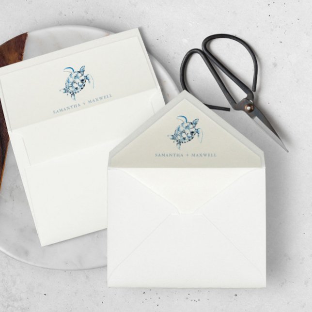 Blue Sea Turtle Beach Wedding Watercolor Envelope Liner (Envelope liner dusty blue sea turtle watercolor art and design by Victoria Grigaliunas )