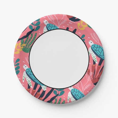 Blue Sea Turtle Fern Under Sea Pink  Paper Plates