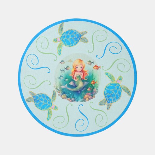 Blue Sea Turtle n Mermaid Watercolor Round Area Rug