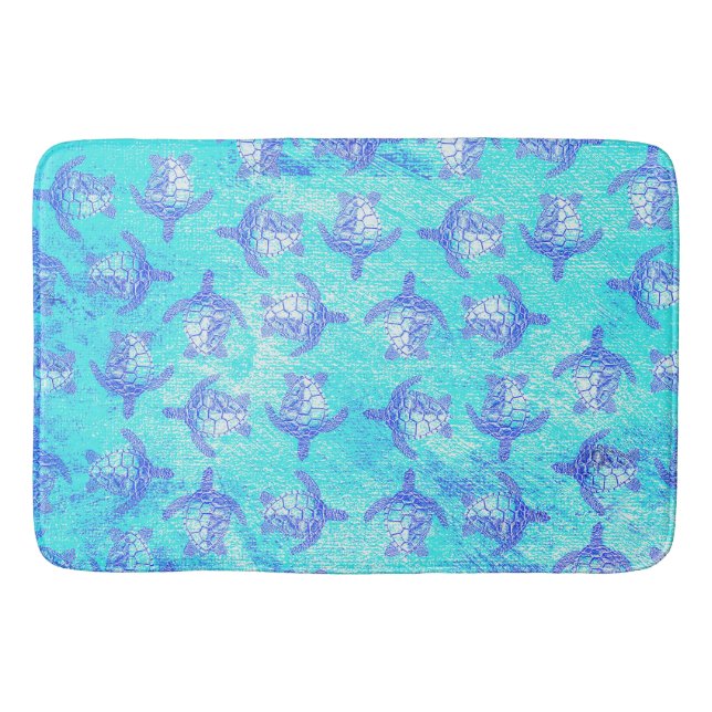 Blue Sea Turtle Print Bath Mat (Front)