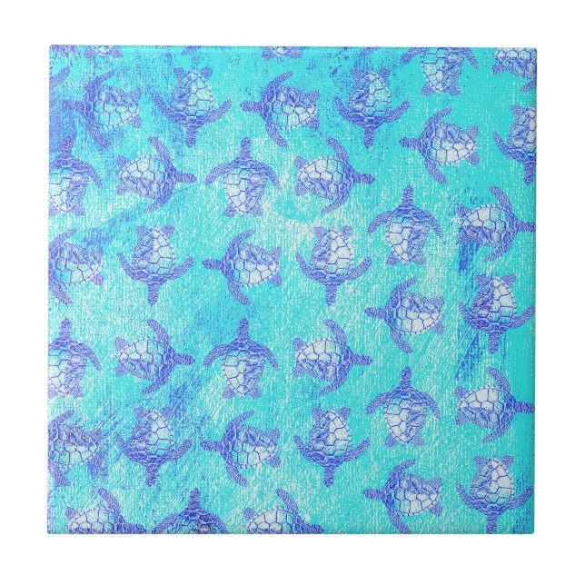 Blue Sea Turtle Print Ceramic Tile (Front)