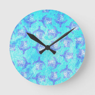 Blue Sea Turtle Print Round Clock