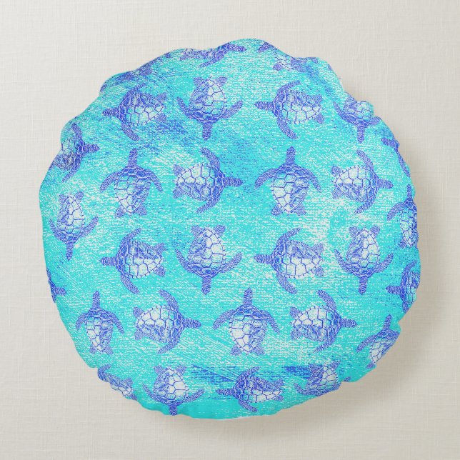 Blue Sea Turtle Print Round Pillow (Back)