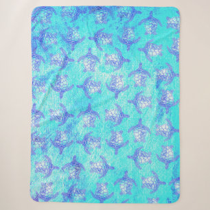 Blue Sea Turtle Print Sherpa Blanket