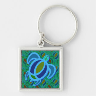 Blue Sea Turtle Square Keychain