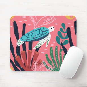 Blue Sea Turtle Under Sea Water Pink Mouse Pad