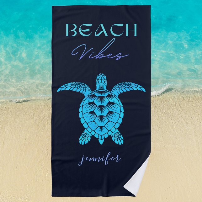 Blue Sea Turtle Watercolor Personalized  Beach Towel (beach vibes teal blue sea turtle beach towel)