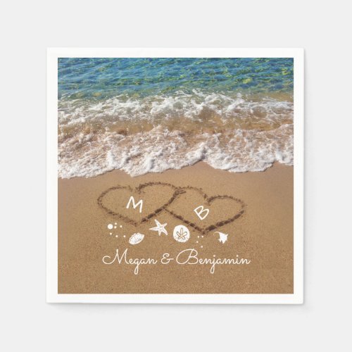 Blue Sea Waves and Sand Hearts Tropical Wedding Napkins - Blue crystal clear sea water and seaside sand wedding napkins. Please use the 'customize' button to edit the font style or move sea treasures.