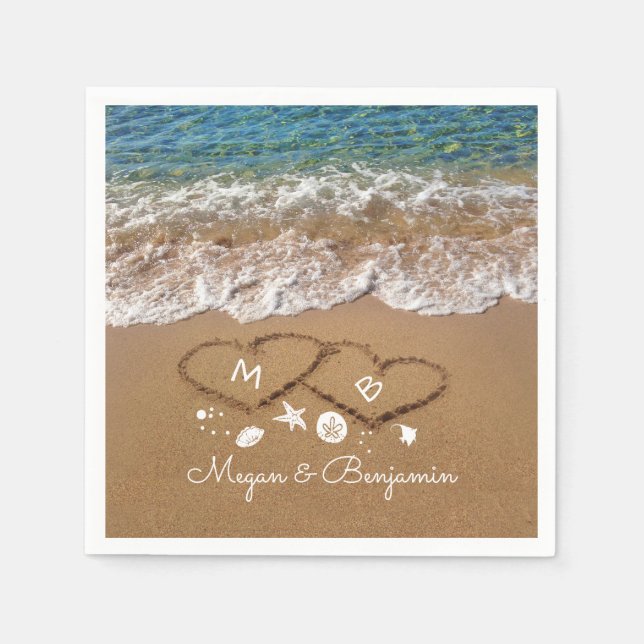Blue Sea Waves and Sand Hearts Tropical Wedding Napkins (Front)