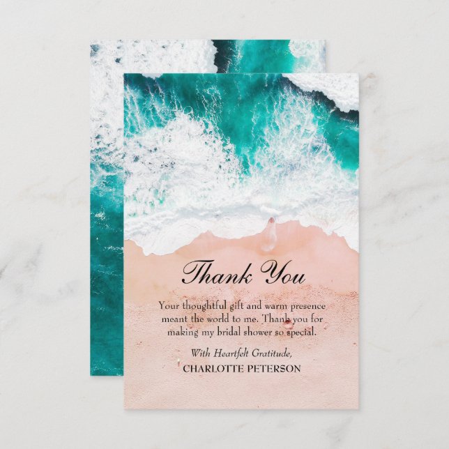 Blue Sea Waves Beach Theme Bridal Shower  Thank You Card (Front/Back)