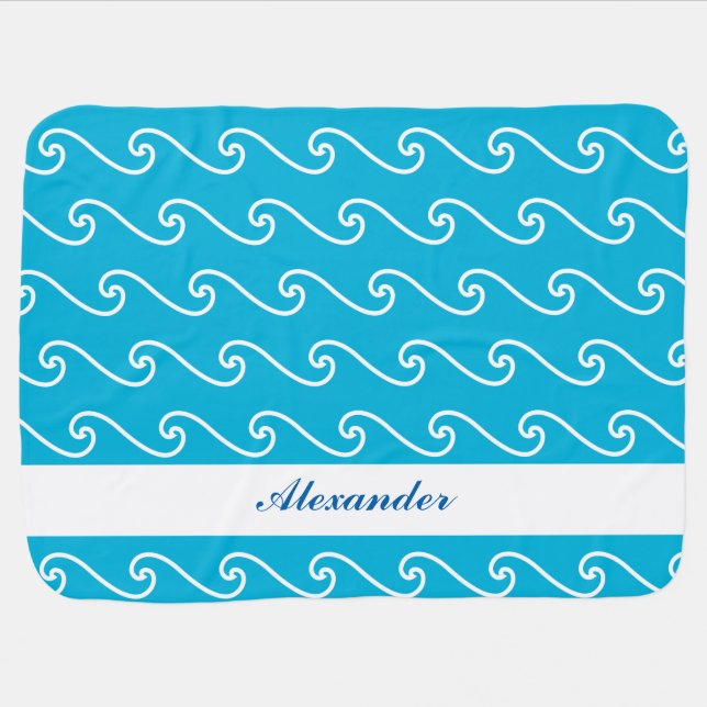 Blue sea waves name personalized swaddle blanket (Horizontal)