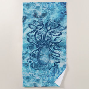 Blue Sea Waves & Octopus Graphic Vintage Drawing Beach Towel