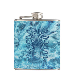 Blue Sea Waves & Octopus Graphic Vintage Drawing Flask