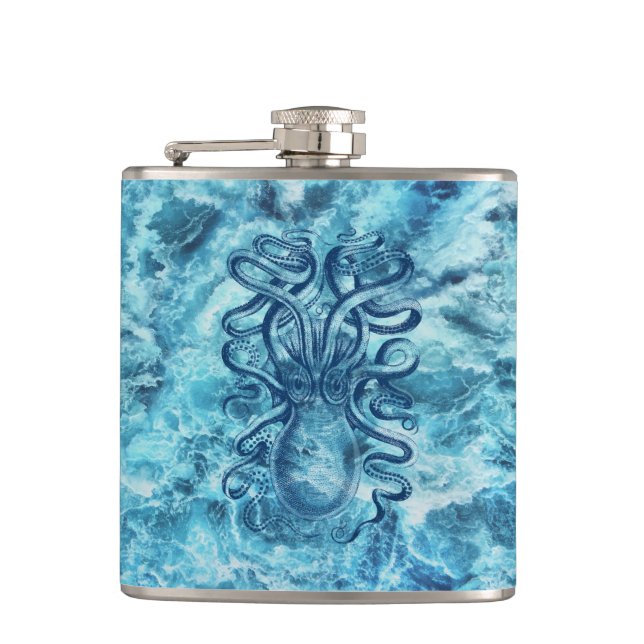 Blue Sea Waves & Octopus Graphic Vintage Drawing Flask (Front)