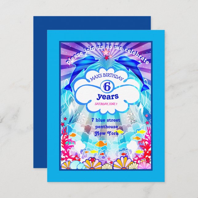  blue  sea ​​world  dolphin carrals  Invitation (Front/Back)