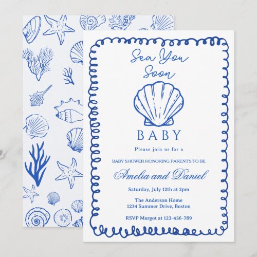 blue Sea You Soon Hand Drawn Ocean Seashell Baby  Invitation