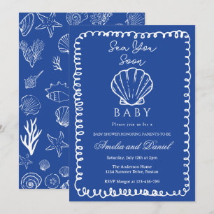 blue Sea You Soon Hand Drawn Ocean Seashell Baby Invitation