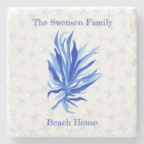Blue seagrass with starfish   stone coaster