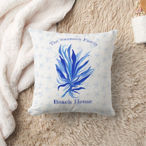Blue seagrass with starfish   throw pillow