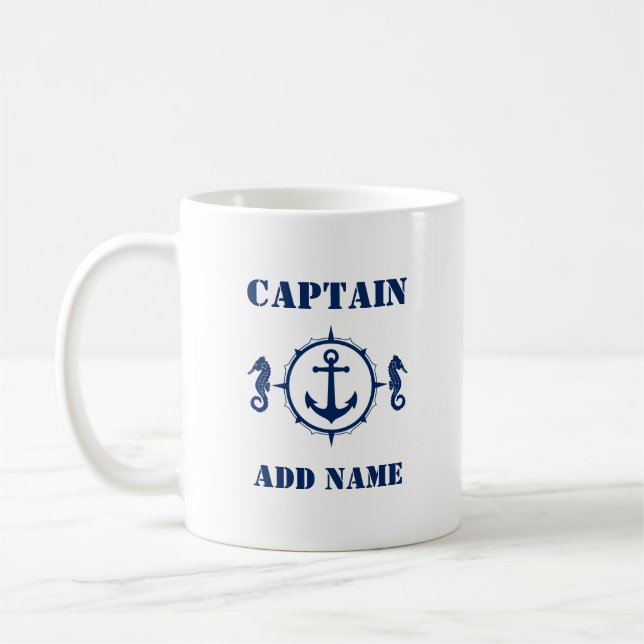 Blue Seahorse Anchor Captain Add Name or Boat Name Coffee Mug (Left)