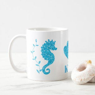 Blue seahorse and seashell add name mug