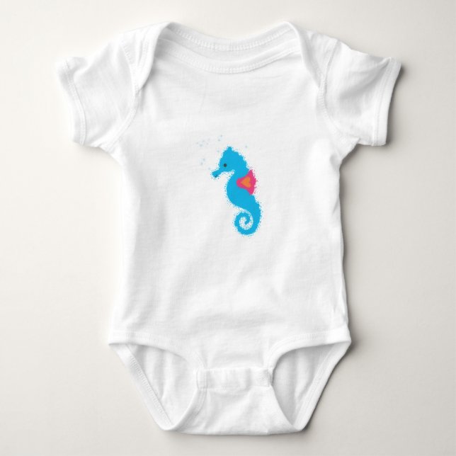 Blue Seahorse Cartoon Baby Bodysuit (Front)